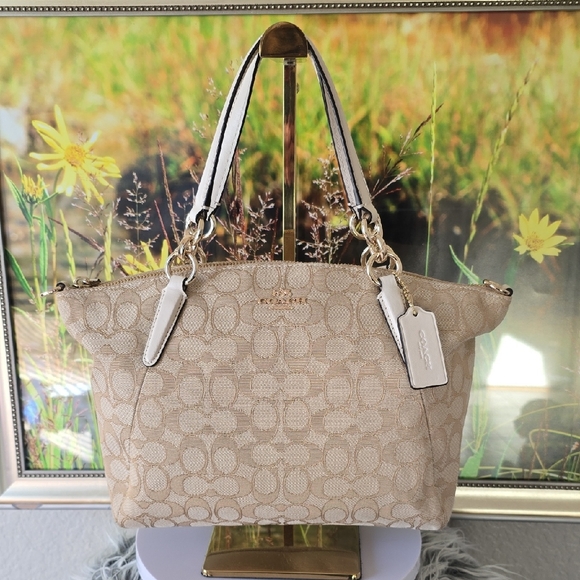 Coach Small Kelsey Satchel Signature Jacquard Light Khaki Chalk Trim New - Picture 10 of 14